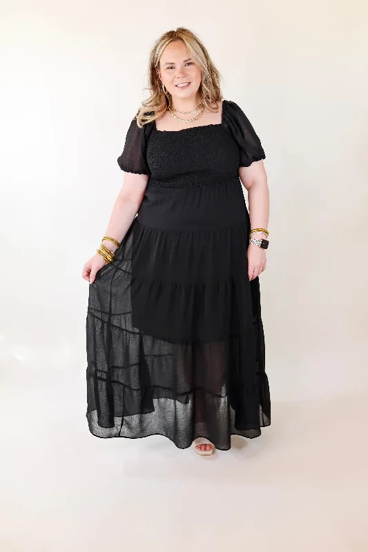 Honeysuckle Love Tiered Maxi Dress with Smocked Bodice in Black