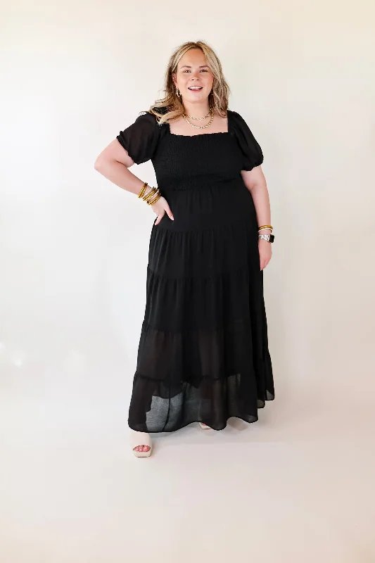 Honeysuckle Love Tiered Maxi Dress with Smocked Bodice in Black