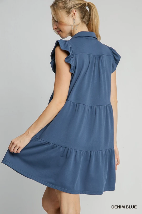 Umgee French Terry Collared Mini Dress - Denim Blue