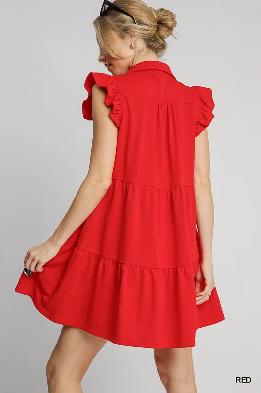 Umgee French Terry Collared Mini Dress - Red