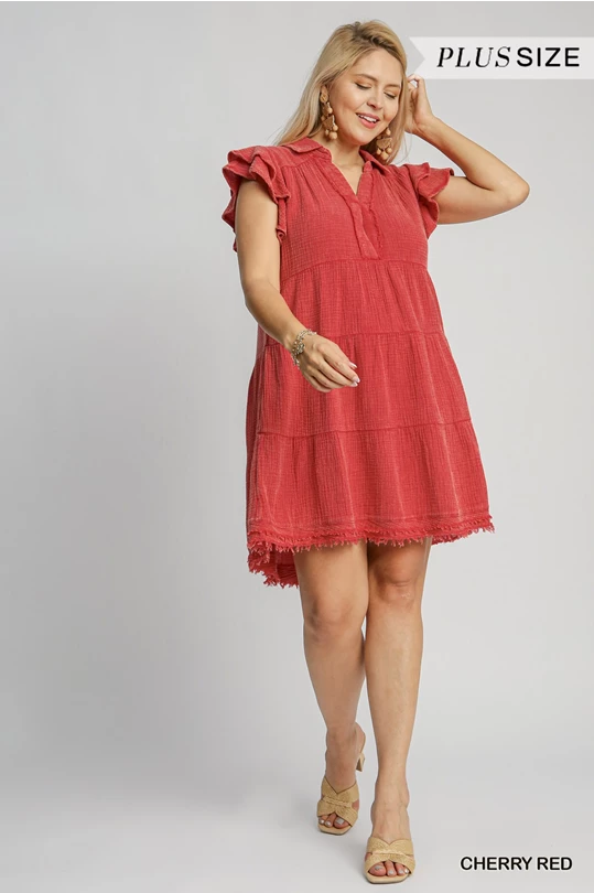 Umgee Red Mineral Wash Collared Mini Dress