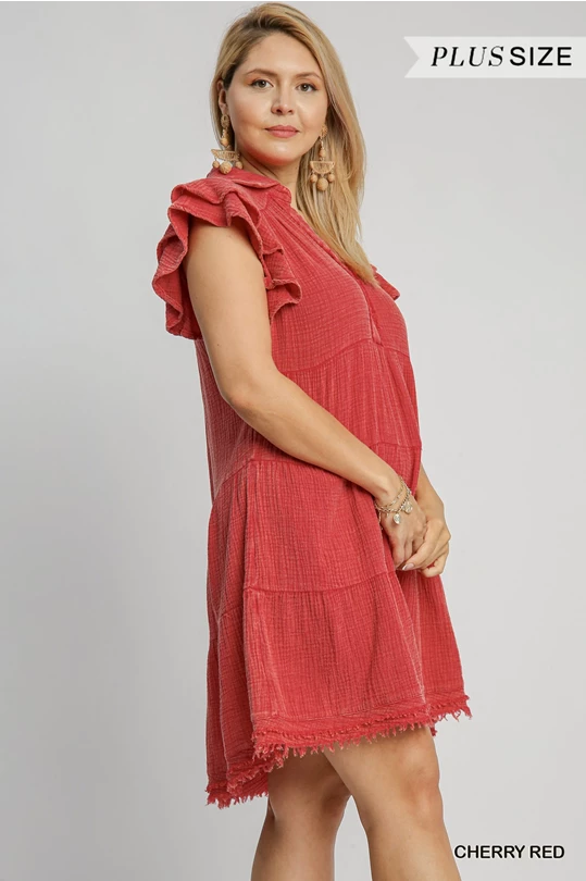 Umgee Red Mineral Wash Collared Mini Dress