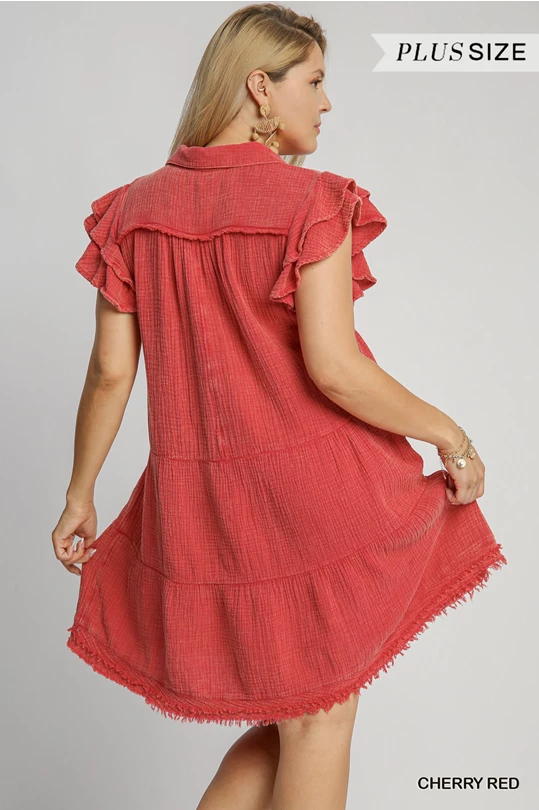 Umgee Red Mineral Wash Collared Mini Dress