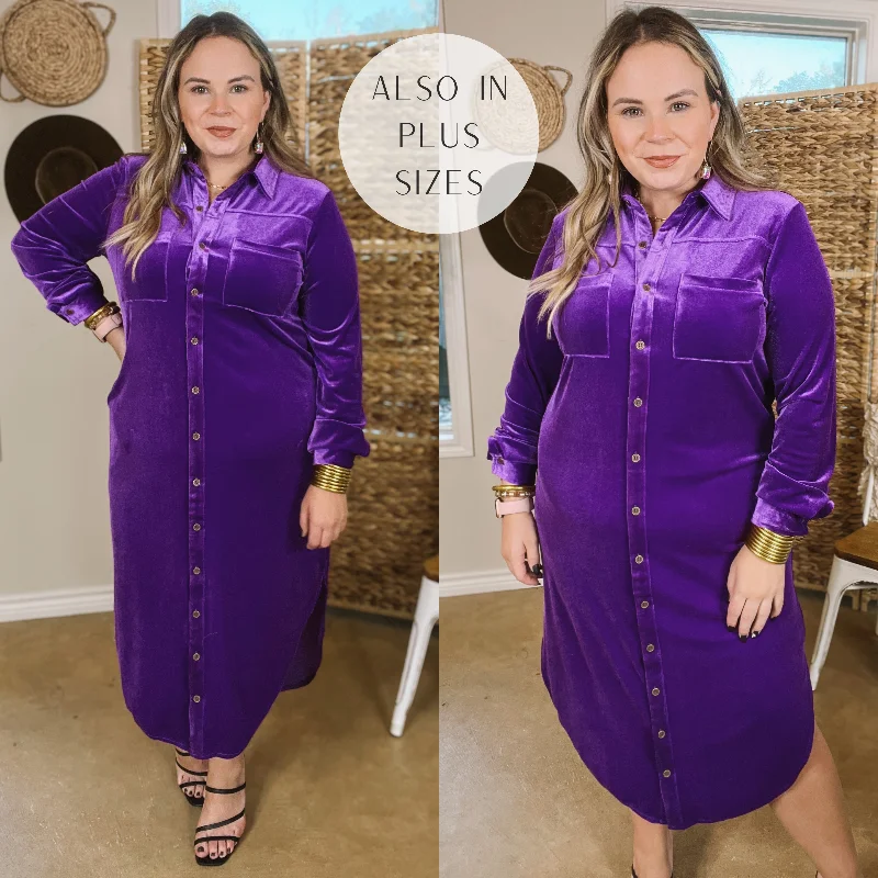 London Fog Velvet Button Up Midi Dress with Long Sleeves in Purple