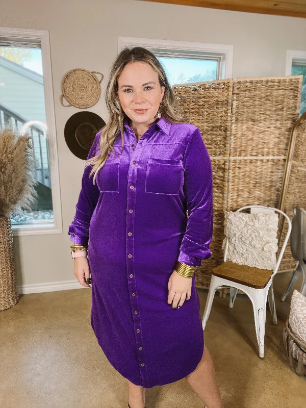 London Fog Velvet Button Up Midi Dress with Long Sleeves in Purple