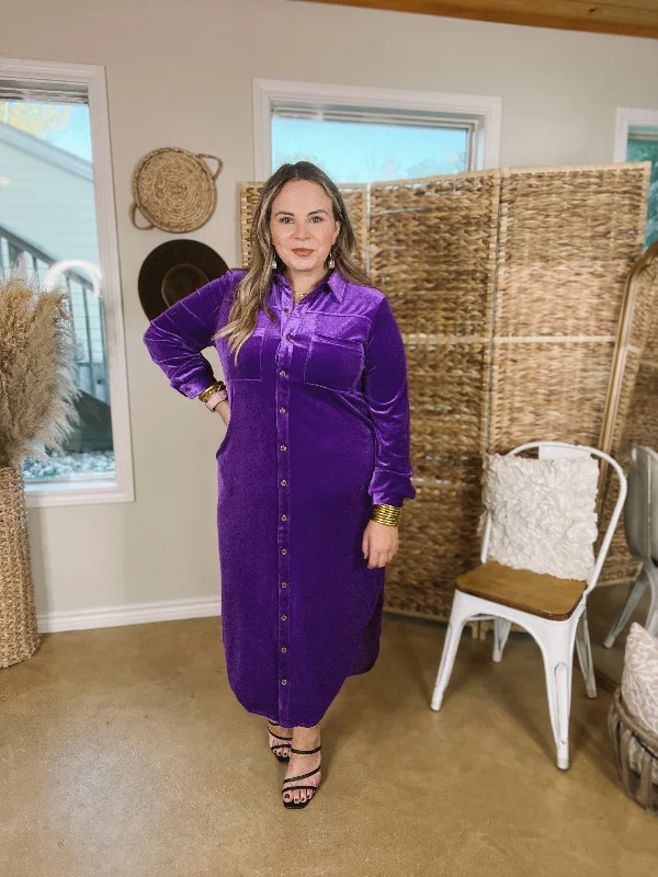 London Fog Velvet Button Up Midi Dress with Long Sleeves in Purple