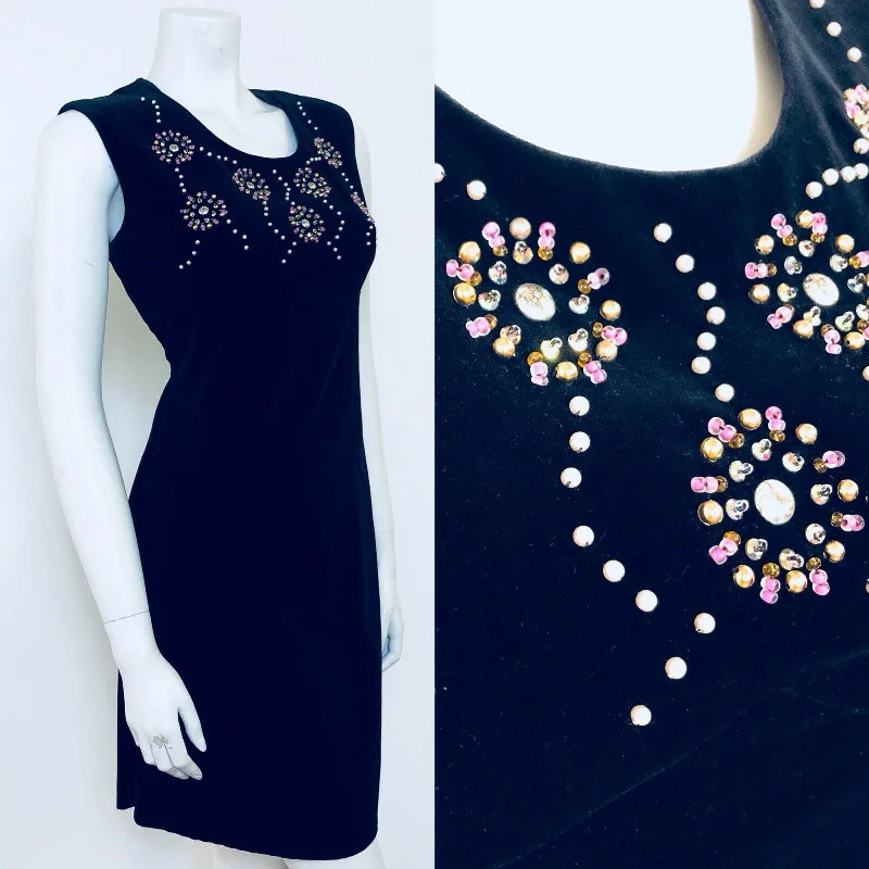 VINTAGE 1960S SEQUIN BLACK VELVET EMBELLISHED MINI DRESS 10 12