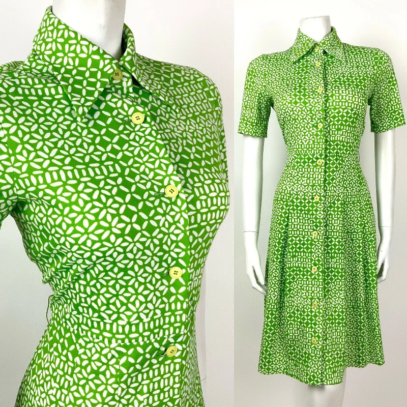 VINTAGE 60s 70s APPLE LIME GREEN WHITE DASH CROSS HATCH DAGGER SHIRT DRESS 10 12