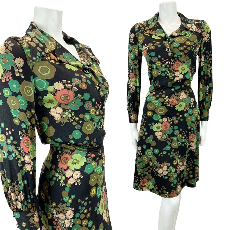 VINTAGE 60s 70s BLACK GREEN ORANGE FLORAL ABSTRACT PRINT MOD MIDI DRESS 14