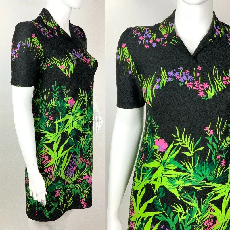 VINTAGE 60s 70s BLACK GREEN PURPLE PINK FLORAL LEAFY SHIRT DRESS 16 18