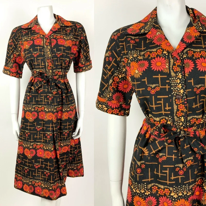 VINTAGE 60s 70s BLACK ORANGE RED BEIGE FLORAL DAISY BELTED SHIRT DRESS 12 14