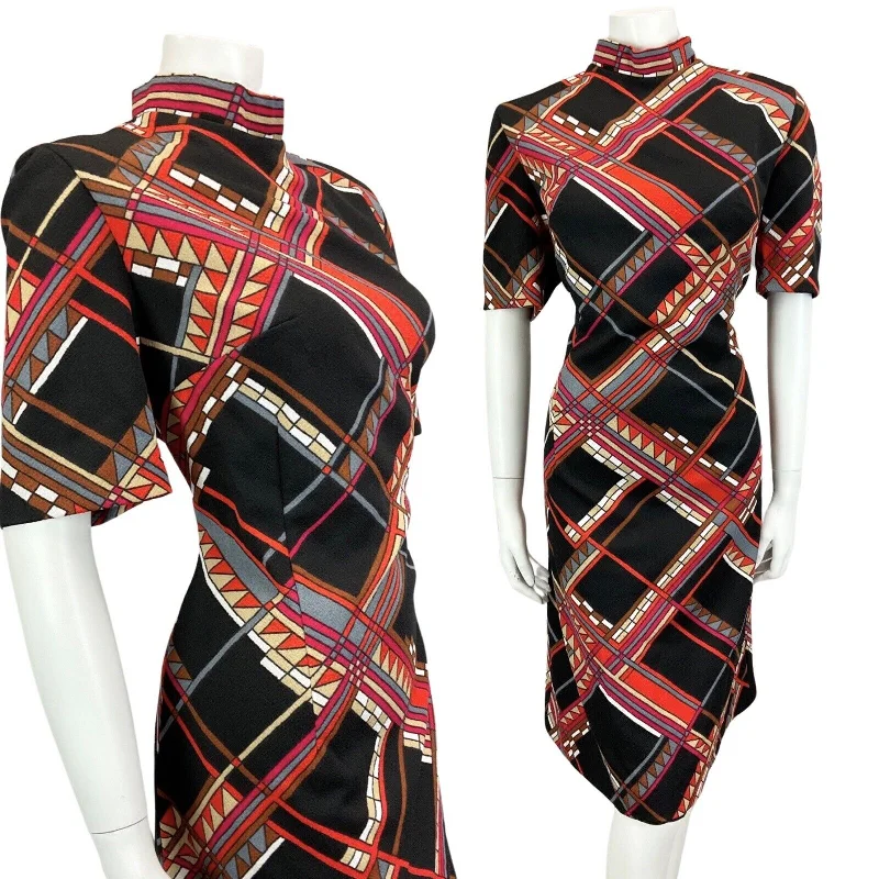 VINTAGE 60s 70s BLACK RED BROWN PSYCHEDELIC MOD MIDI DRESS 16