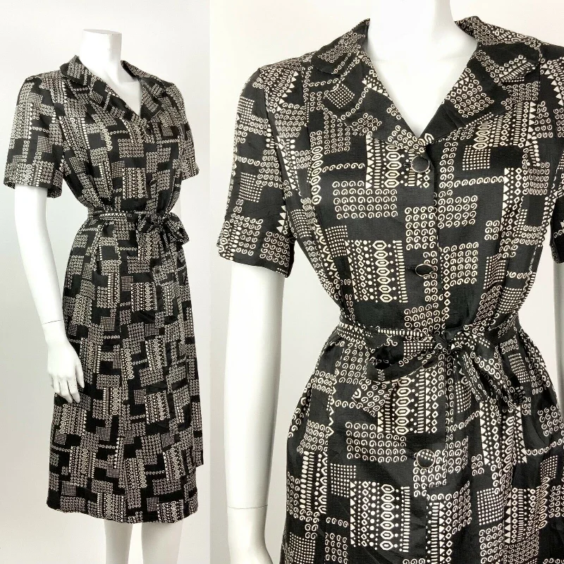 VINTAGE 60s 70s BLACK WHITE GEOMETRIC SWIRL DOTTY BELTED SHIRT DRESS 14 16