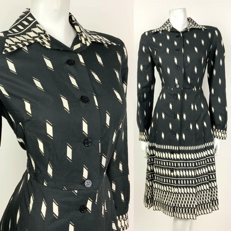 VINTAGE 60s 70s BLACK WHITE GEOMETRIC WING COLLAR PLEATED SHIRT DRESS 10 12