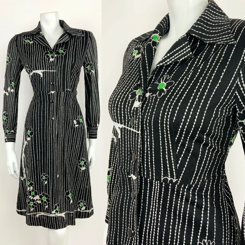 VINTAGE 60s 70s BLACK WHITE GREEN FLORAL DAISY STRIPED SHIRT DRESS 10