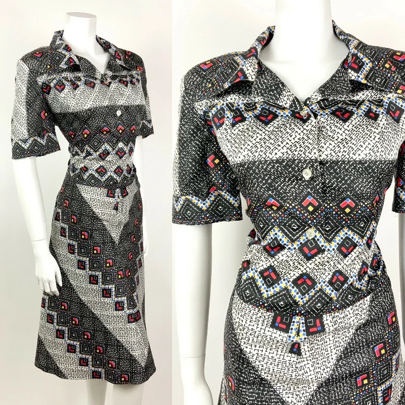 VINTAGE 60s 70s BLACK WHITE RED CROSS-HATCH GEOMETRIC DAGGER SHIRT DRESS 16 18