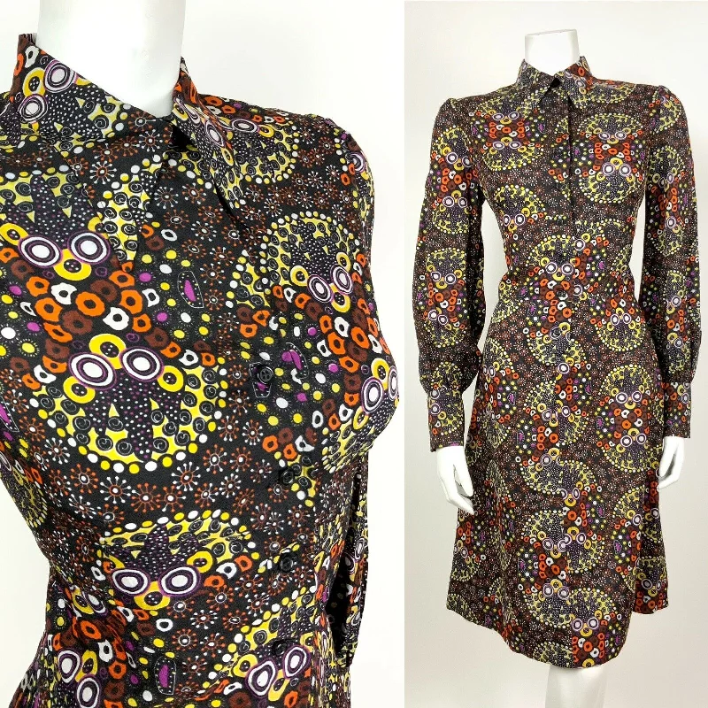 VINTAGE 60s 70s BLACK YELLOW ORANGE PURPLE PSYCHEDELIC DAGGER SHIRT DRESS 10 12