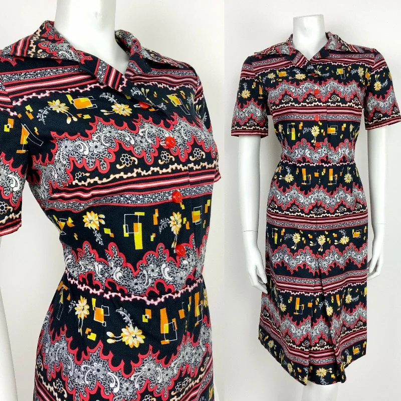 VINTAGE 60s 70s BLACK YELLOW WHITE RED GEOMETRIC FLORAL STRIPE SHIRT DRESS 12 14