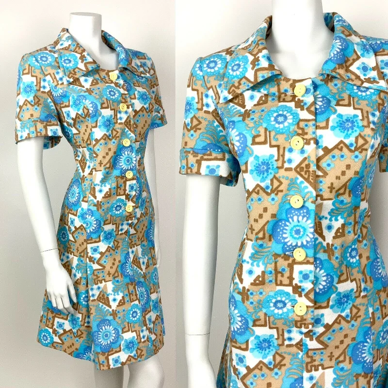 VINTAGE 60s 70s BLUE BEIGE WHITE FLORAL GEOMETRIC PSYCHEDELIC SHIRT DRESS 16 18