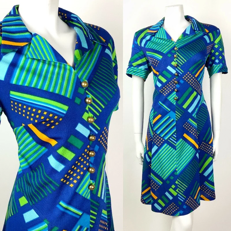 VINTAGE 60s 70s BLUE GREEN ORANGE GOLD GEOMETRIC STRIPED MOD SHIRT DRESS 16