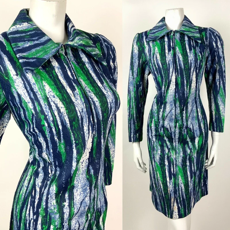 VINTAGE 60s 70s BLUE GREEN WHITE BRUSH STROKE DAGGER COLLAR SHIRT DRESS 12 14