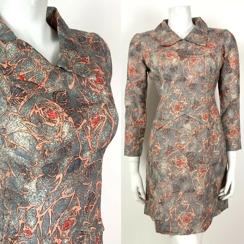 VINTAGE 60s 70s BLUE GREY ORANGE RED LEAF FLORAL ROSE SHIRT DRESS 10 12