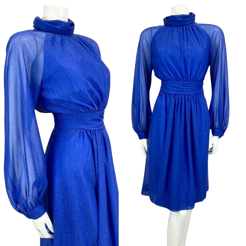 VINTAGE 60s 70s BLUE LUREX DISCO FLOATY MIDI PARTY CHRISTMAS EVENING DRESS 10