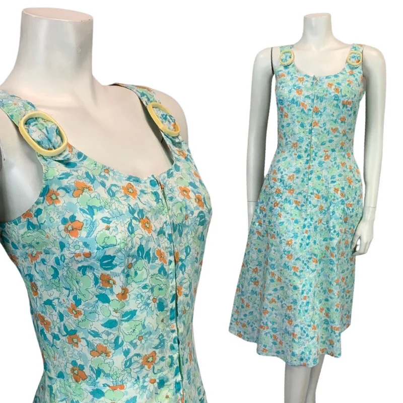 VINTAGE 60s 70s BLUE ORANGE FLORAL PRINT COTTON MIDI SUMMER MOD DRESS 8