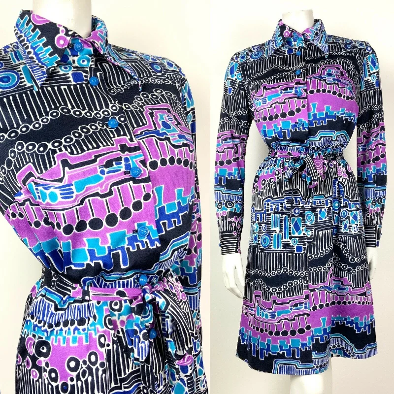 VINTAGE 60s 70s BLUE PURPLE WHITE PSYCHEDELIC GEOMETRIC DAGGER SHIRT DRESS 10 12