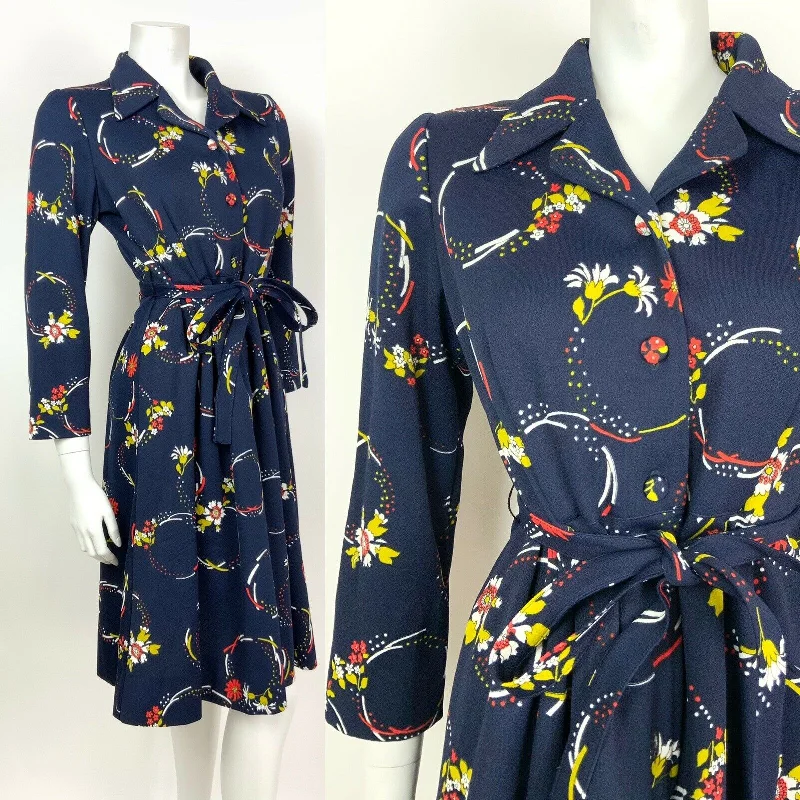 VINTAGE 60s 70s BLUE RED YELLOW FLORAL DAGGER COLLAR BELTED SHIRT DRESS 12 14