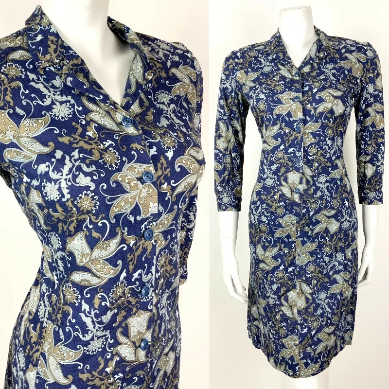 VINTAGE 60s 70s BLUE SILVER BROWN FLORAL PAISLEY PSYCHEDELIC SHIRT DRESS 10