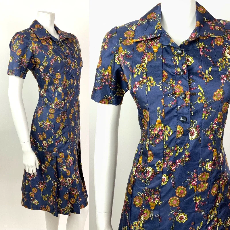 VINTAGE 60s 70s BLUE YELLOW BRONZE PINK FLORAL CAMEO BOW DAGGER SHIRT DRESS 12