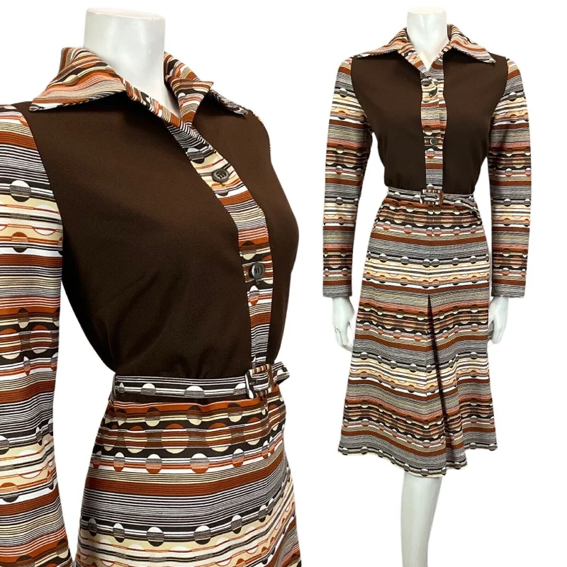 VINTAGE 60S 70S BROWN BEIGE TAN STRIPED ABSTRACT  PRINT MIDI DRESS 14 16