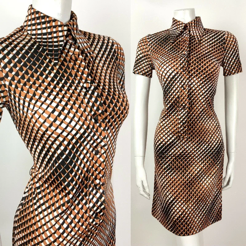 VINTAGE 60s 70s BROWN BLACK WHITE OP-ART GEOMETRIC MOD DAGGER SHIRT DRESS 8