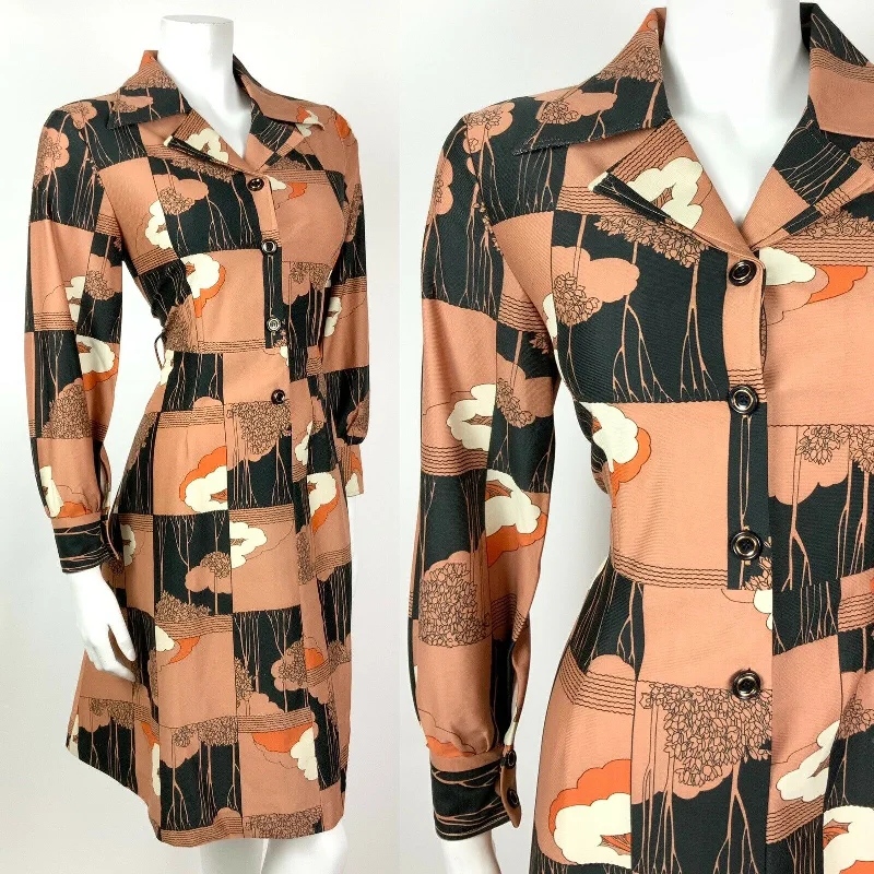 VINTAGE 60s 70s BROWN BLACK WHITE ORANGE TREE LEAF SQUARE DAGGER SHIRT DRESS 14