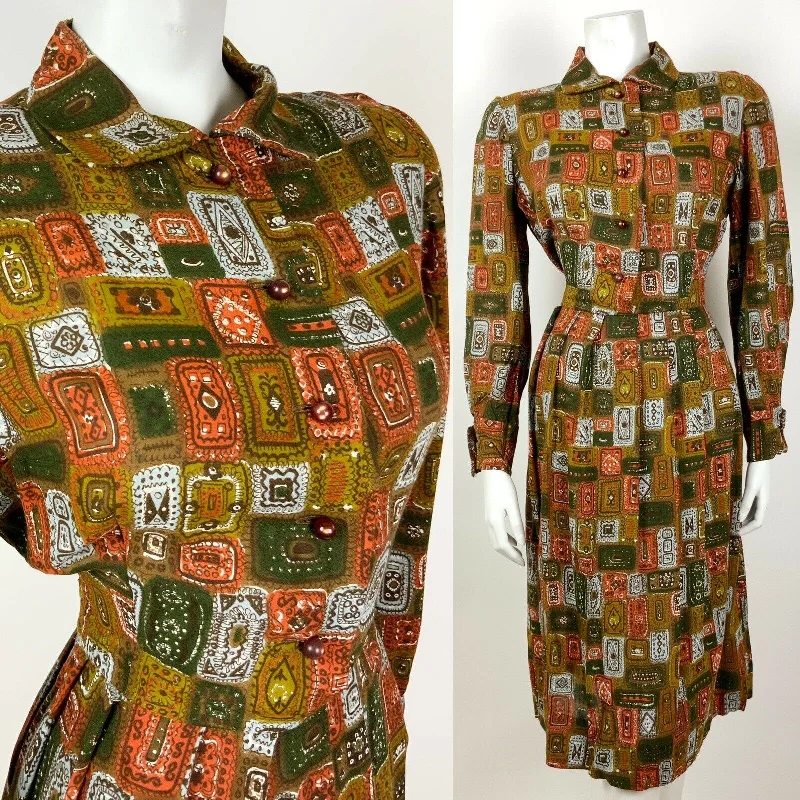 VINTAGE 60s 70s BROWN GREEN ORANGE BLUE GEOMETRIC FRENCH CUFF SHIRT DRESS 12