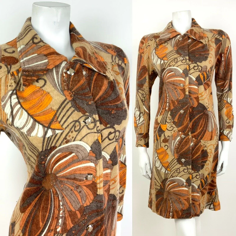 VINTAGE 60s 70s BROWN GREY ORANGE WHITE FLORAL PSYCHEDELIC SHIRT DRESS 14 16