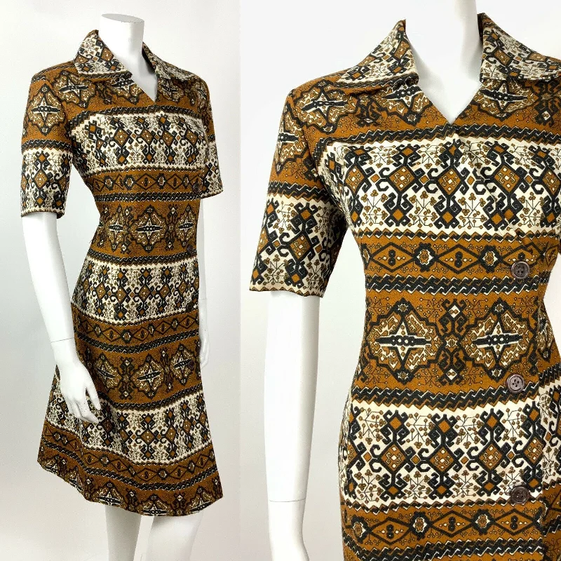 VINTAGE 60s 70s BROWN WHITE BLACK STRIPED AZTEC FLORAL GEOMETRIC SHIRT DRESS 12