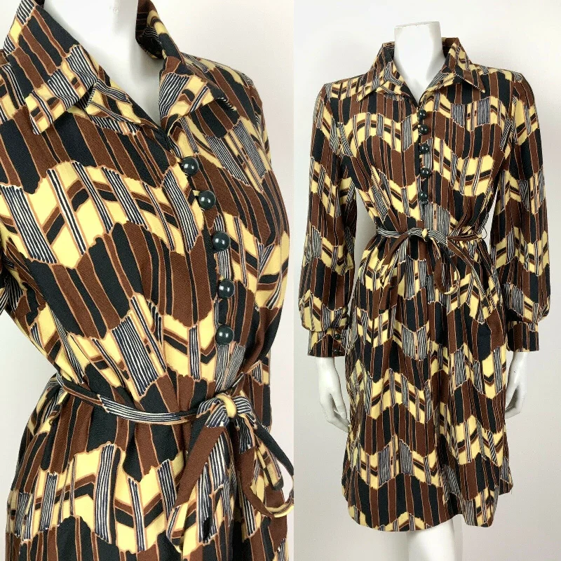 VINTAGE 60s 70s BROWN YELLOW BLACK ZIG-ZAG GEOMETROC BELTED SHIRT DRESS 12 14 16