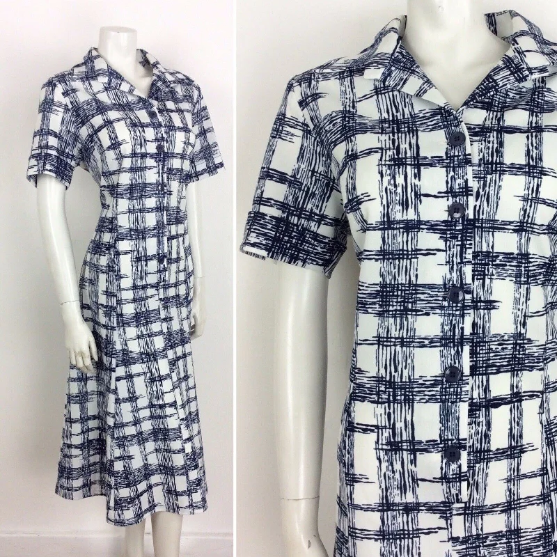 VINTAGE 60s 70s GEOMETRIC LINE PRINT TEA SHIRT DRESS WHITE BLUE 14 16