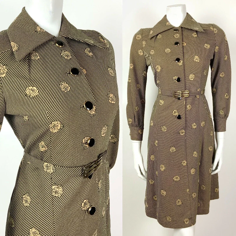 VINTAGE 60s 70s GOLD BLACK STRIPED ROSE FLORAL DAGGER SHIRT DRESS 10 12