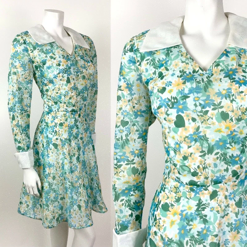 VINTAGE 60s 70s GREEN BLUE BEIGE FLORAL DITSY MOD SHEER SHIRT DRESS 10 12