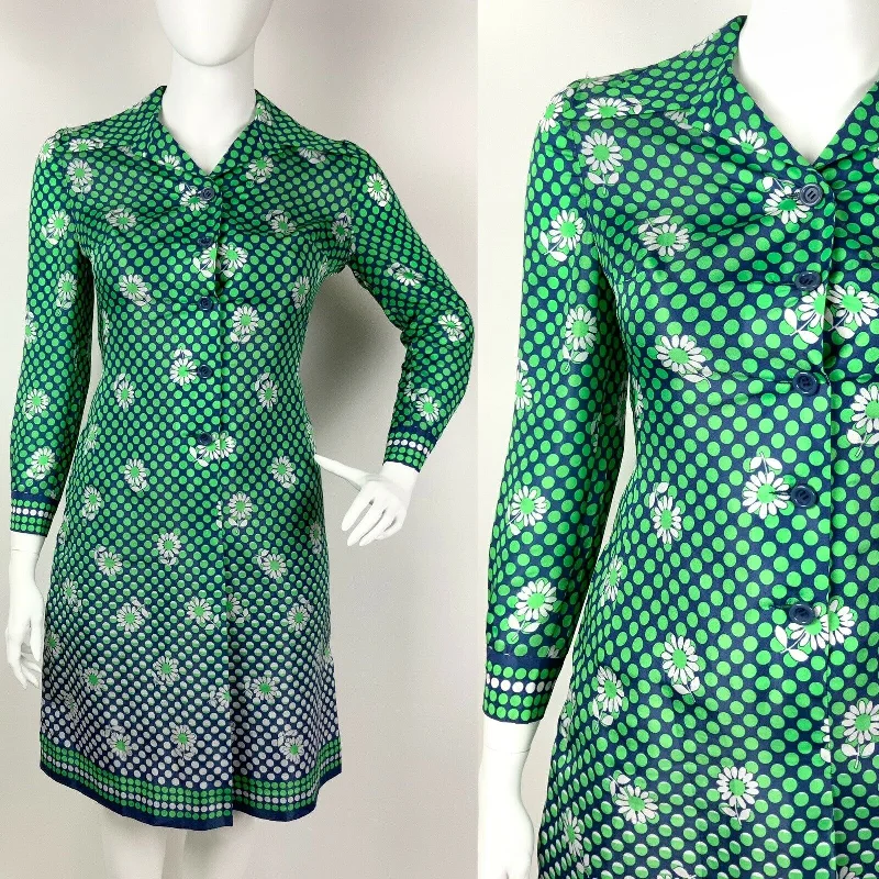 VINTAGE 60s 70s GREEN BLUE WHITE POLKA-DOT FLORAL DAISY DAGGER SHIRT DRESS 16 18