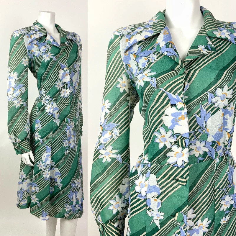 VINTAGE 60s 70s GREEN CREAM BLUE STRIPED FLORAL DAGGER COLLAR SHIRT DRESS 12