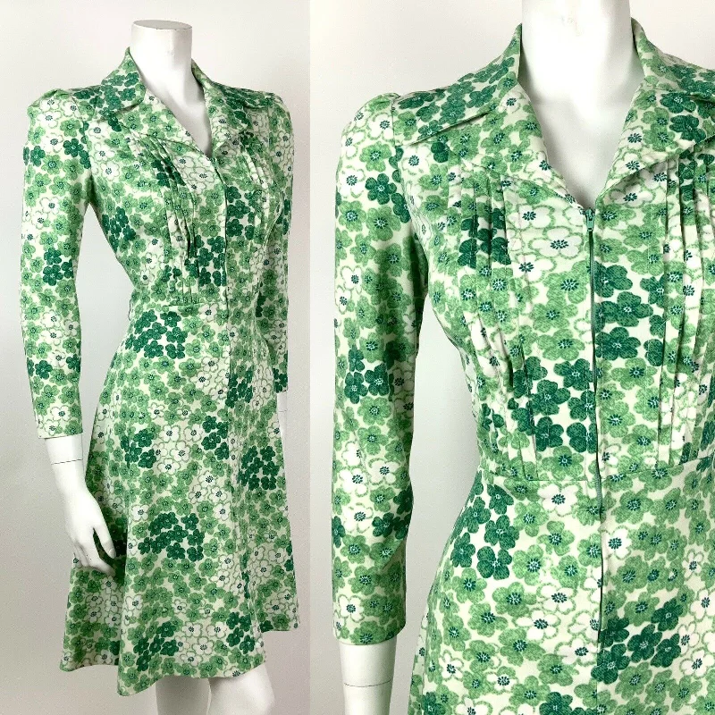 VINTAGE 60s 70s GREEN MINT WHITE FLORAL DITSY WING COLLAR SHIRT DRESS 12