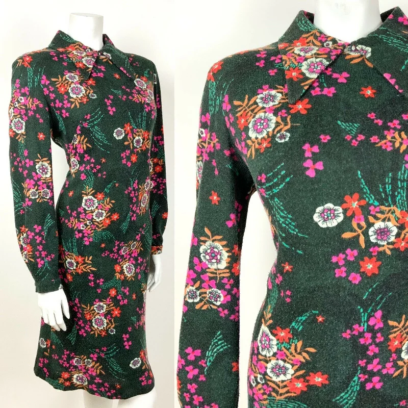 VINTAGE 60s 70s GREEN PINK ORANGE WHITE FLORAL DAGGER COLLAR SHIRT DRESS 12 14