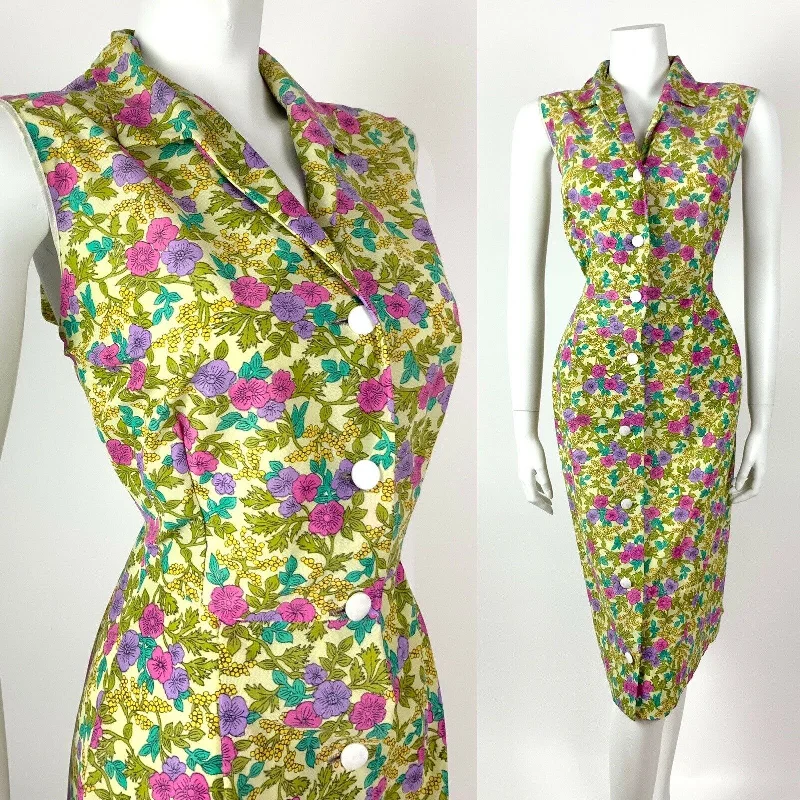 VINTAGE 60s 70s GREEN PINK PURPLE YELLOW FLORAL SLEEVELESS SHIRT DRESS 14 16