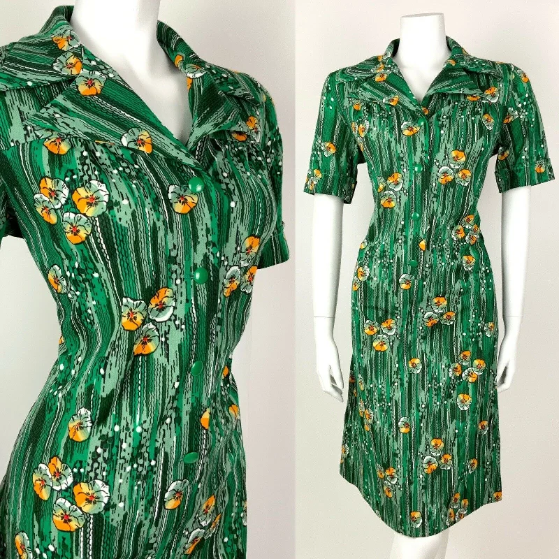 VINTAGE 60s 70s GREEN WHITE ORANGE STRIPED FLORAL DAGGER SHIRT DRESS 14 16