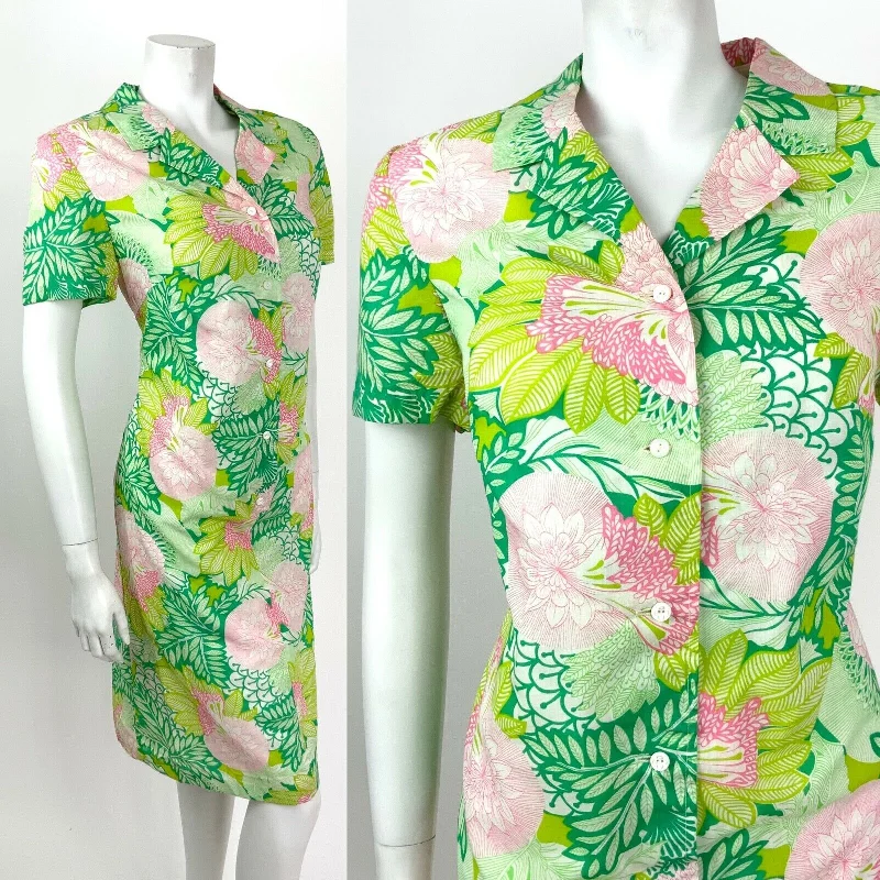 VINTAGE 60s 70s GREEN WHITE PINK FLORAL LEAFY PSYCHEDELIC SHIRT DRESS 14