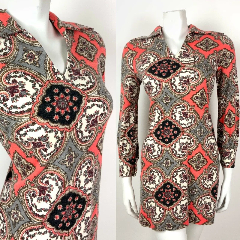 VINTAGE 60s 70s GREY ORANGE BLACK FLORAL TILE WING COLLAR SHIFT MINI DRESS 12 14